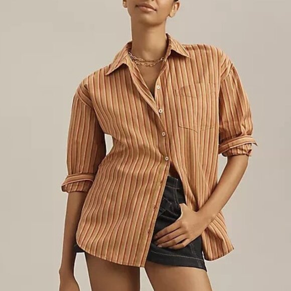 Anthropologie Maeve The Bennet Button down Shirt Cotton Brown Striped L - Picture 1 of 2